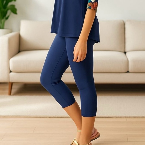 OS/TC/TC2 NEW Women Navy Blue Capri Leggings YOGA WAIST Summer Crop Pants - Picture 7 of 14